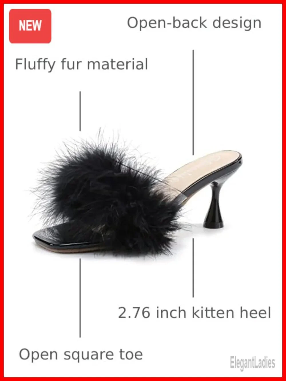 Women's Feather Mule Sandals Kitten Heel Square Open Toe Slip On Fur Clear Strap